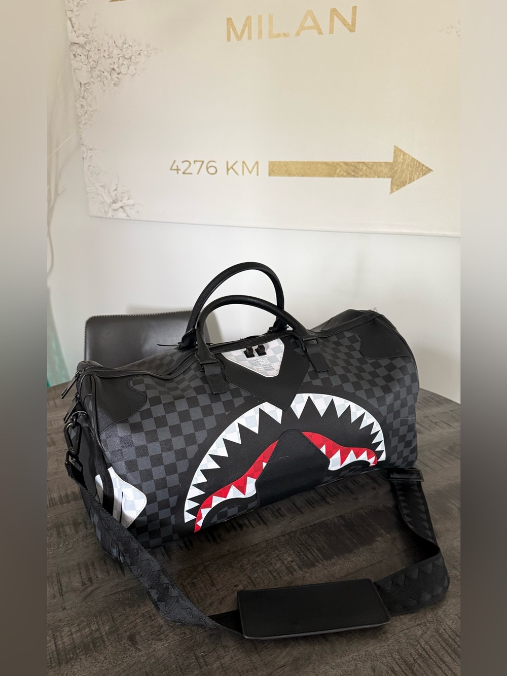 Sprayground Black & Gray Checkerboard Shark Duffel Bag